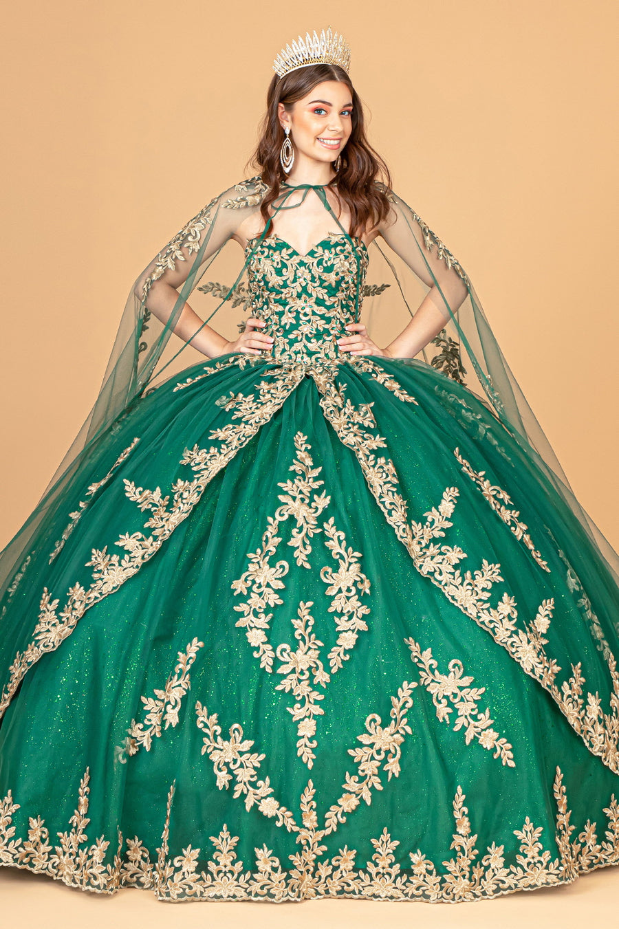 Long Ball Gown Strapless Mesh Cape Quinceanera Dress - The Dress Outlet Emerald Green