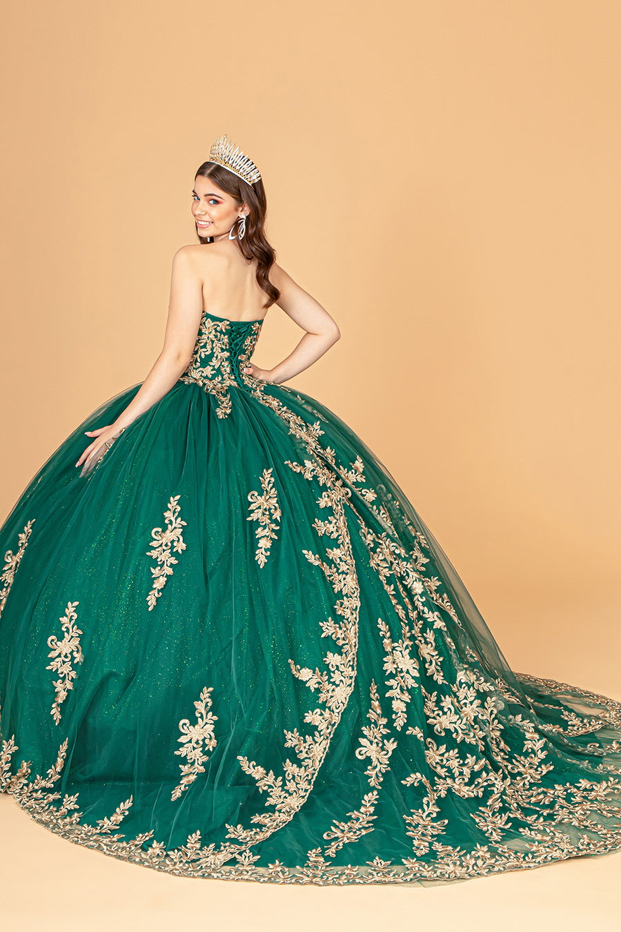 Long Ball Gown Strapless Mesh Cape Quinceanera Dress - The Dress Outlet Emerald Green