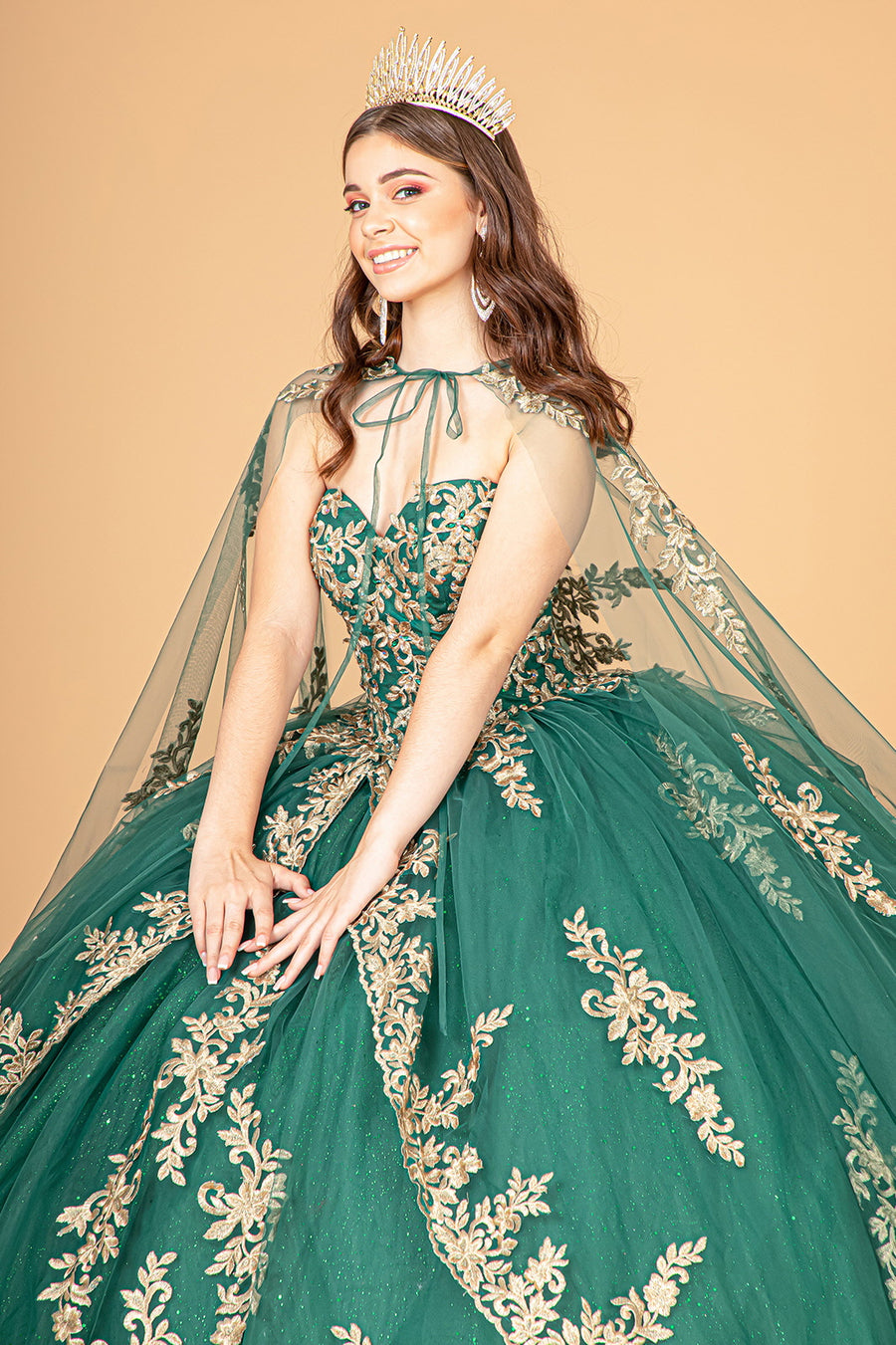 Long Ball Gown Strapless Mesh Cape Quinceanera Dress - The Dress Outlet Emerald Green