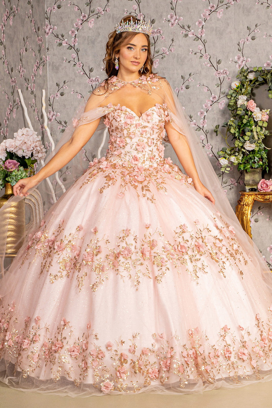 Quinceniera Dresses Flower Long Mesh Cape Quinceanera Gown Blush