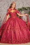 Quinceniera Dresses Flower Long Mesh Cape Quinceanera Gown Burgundy