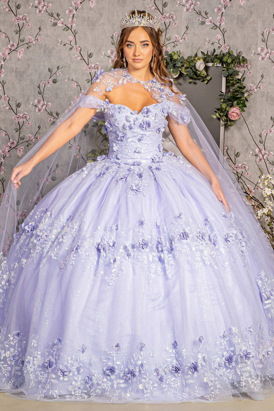 Quinceniera Dresses Flower Long Mesh Cape Quinceanera Gown Lilac