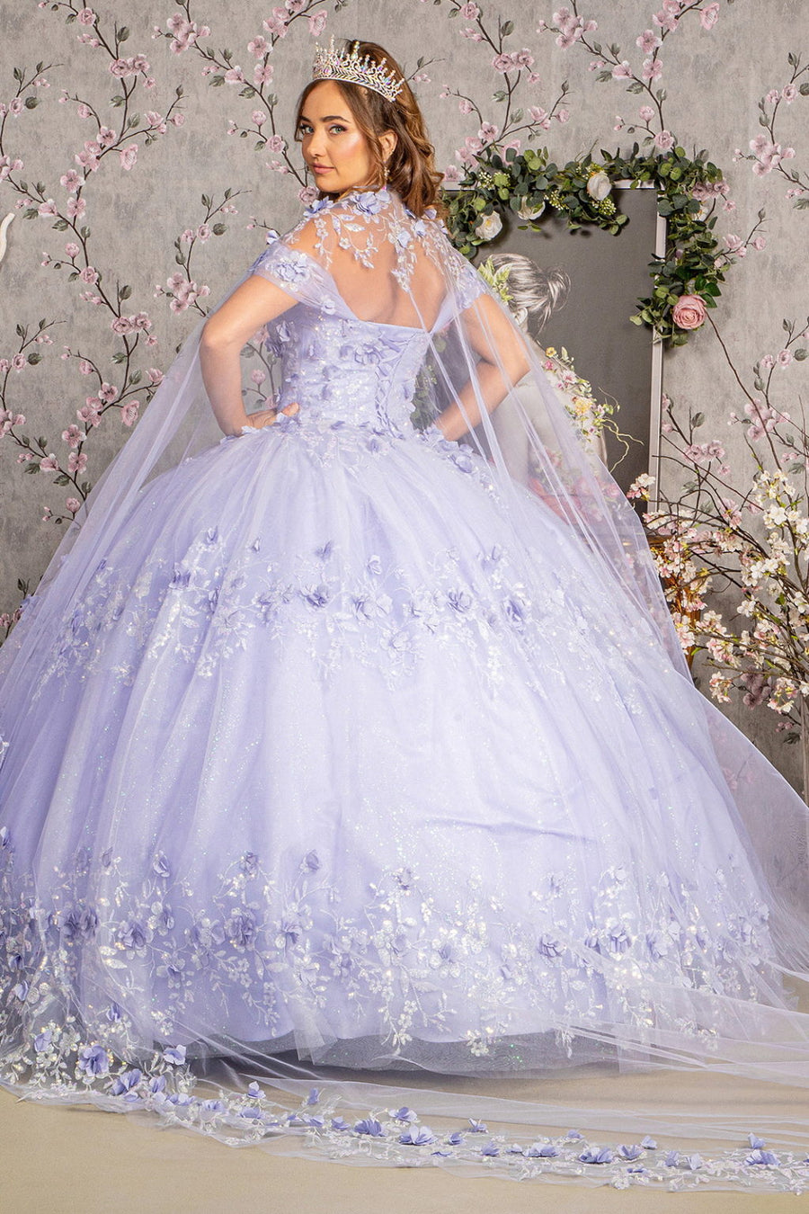 Quinceniera Dresses Flower Long Mesh Cape Quinceanera Gown Lilac