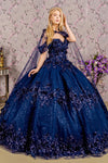 Quinceniera Dresses Flower Long Mesh Cape Quinceanera Gown Navy