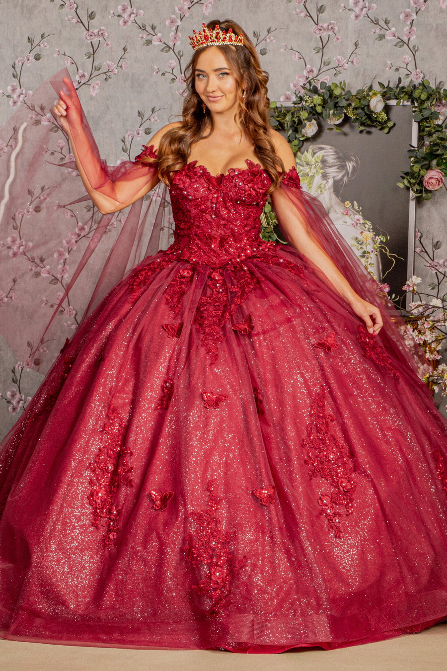 Quinceniera Dresses Glitter Detachable Side Drapes Quinceanera Ball Gown Burgundy