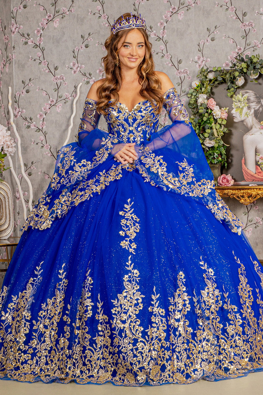 Quinceniera Dresses Detachable Long Sleeves Gold Sequin Quinceanera Ball Gown Royal Blue/Gold