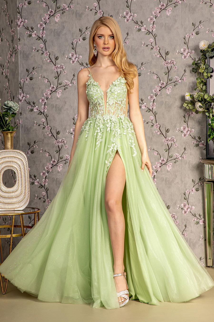 Prom Dresses Glitter A line Long Prom Dress Light Green