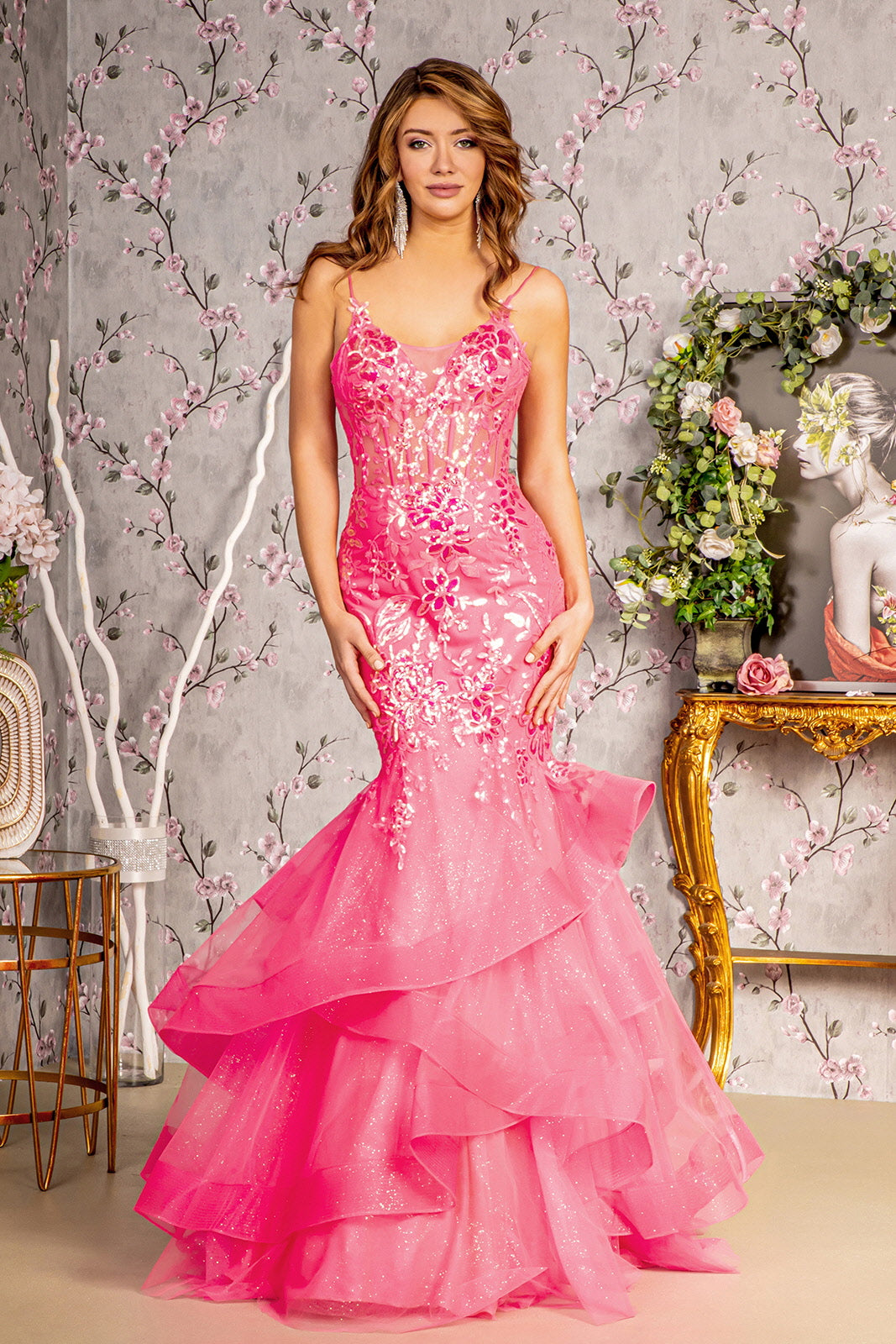 Prom Dresses Ruffled Hem Glitter Trumpet Long Prom Dress Hot Pink