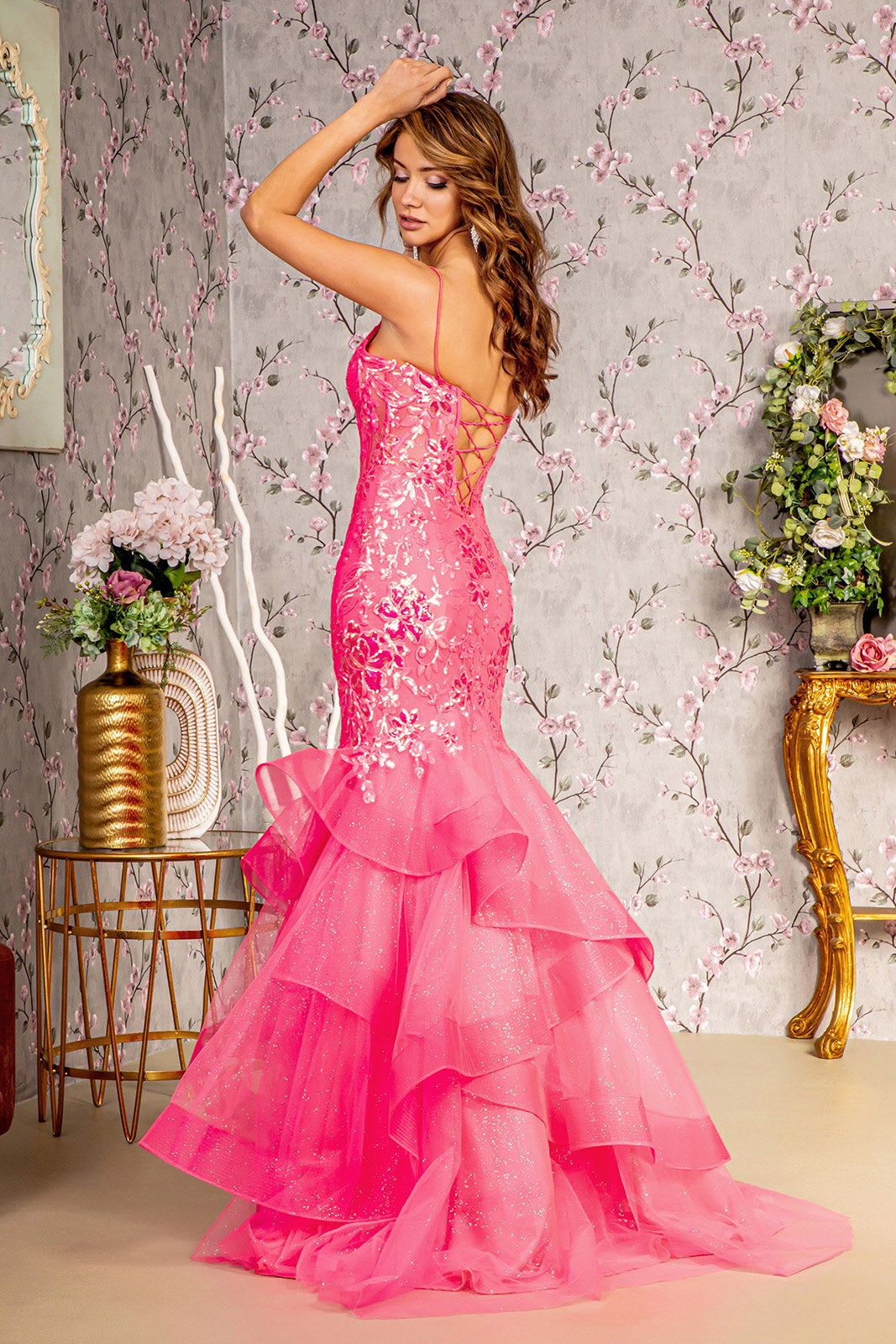 Prom Dresses Ruffled Hem Glitter Trumpet Long Prom Dress Hot Pink