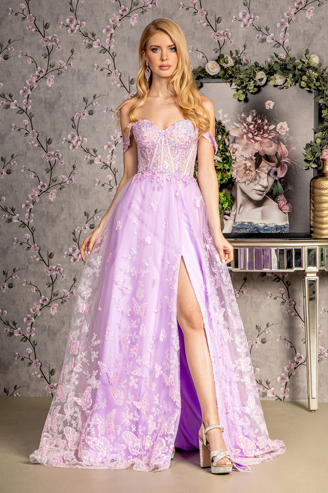 Prom Dresses Detachable Sleeves A line Long Prom Dress Lilac