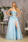 Prom Dresses Sequin Sheer Bodice A line Long Slit Prom Dress Baby Blue