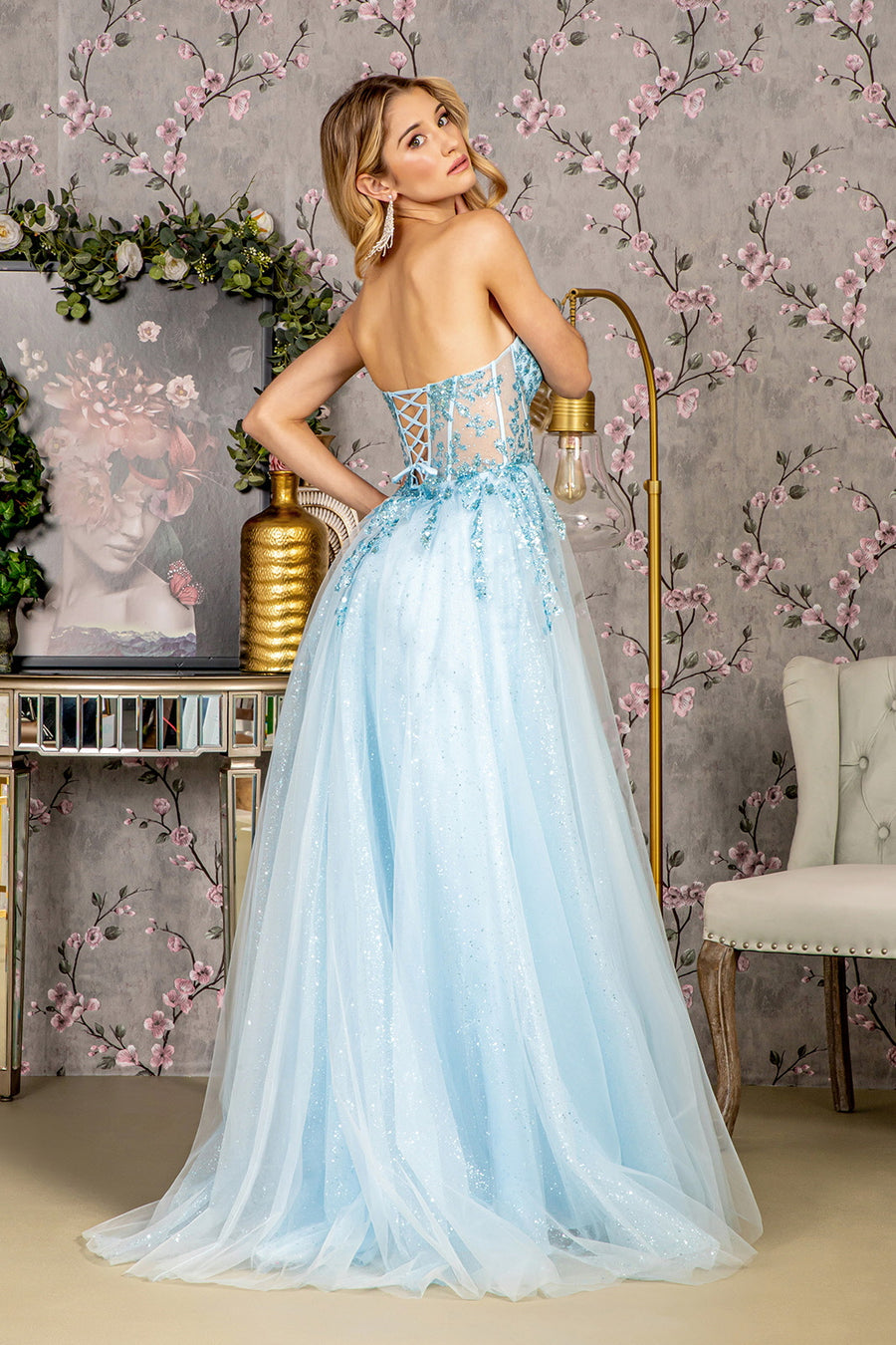 Prom Dresses Sequin Sheer Bodice A line Long Slit Prom Dress Baby Blue