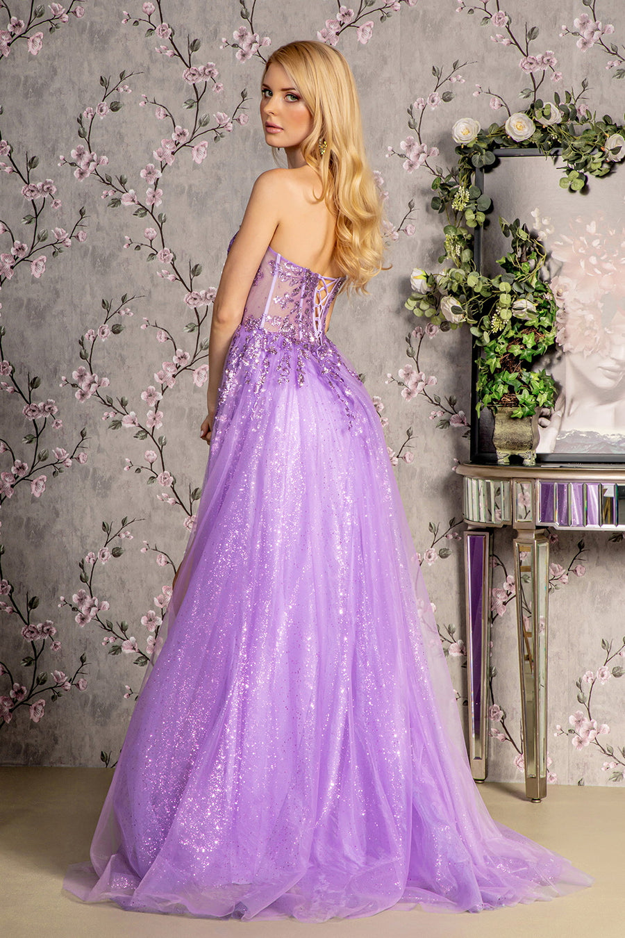 Prom Dresses Sequin Sheer Bodice A line Long Slit Prom Dress Lilac