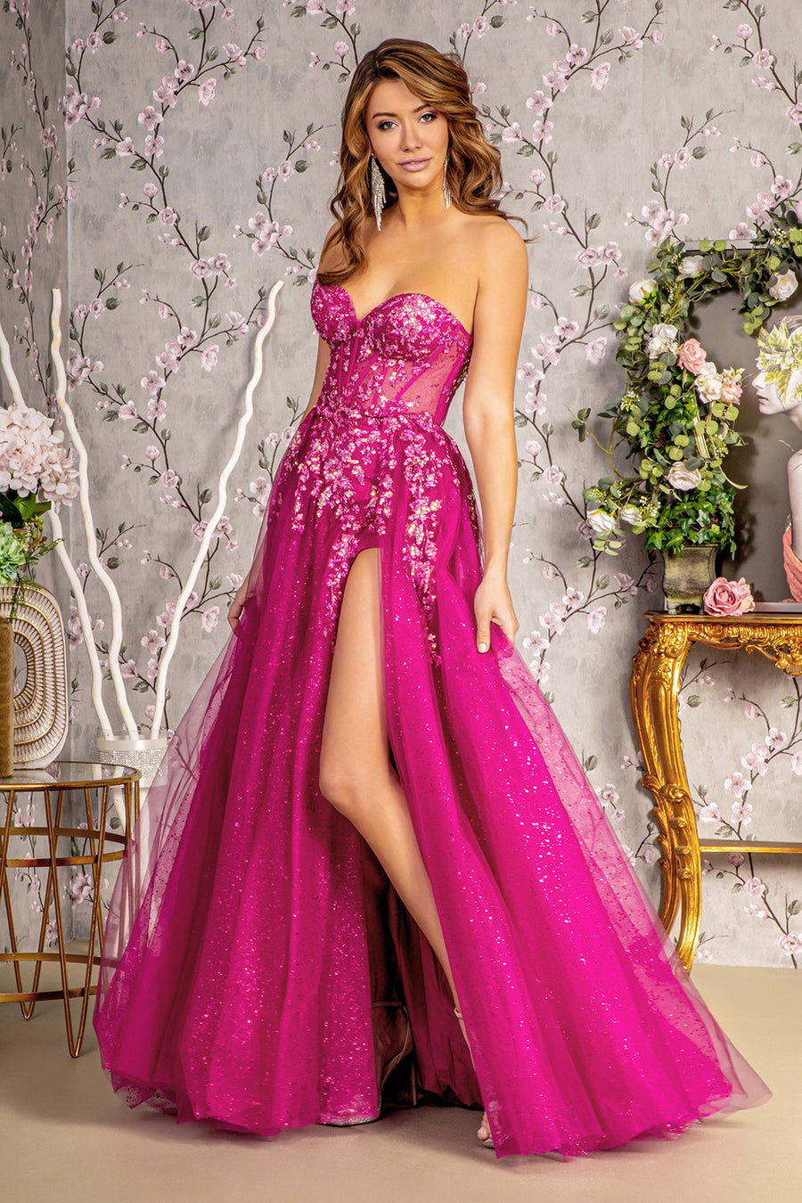 Prom Dresses Sequin Sheer Bodice A line Long Slit Prom Dress Magenta