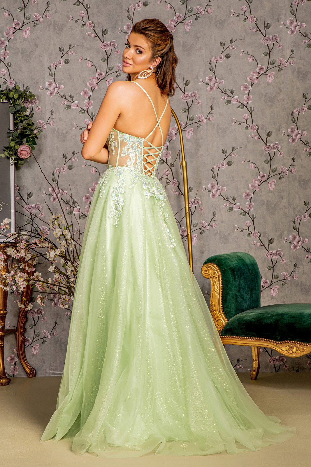 Prom Dresses Butterfly Corset Bodice A line Prom Long Dress Light Green