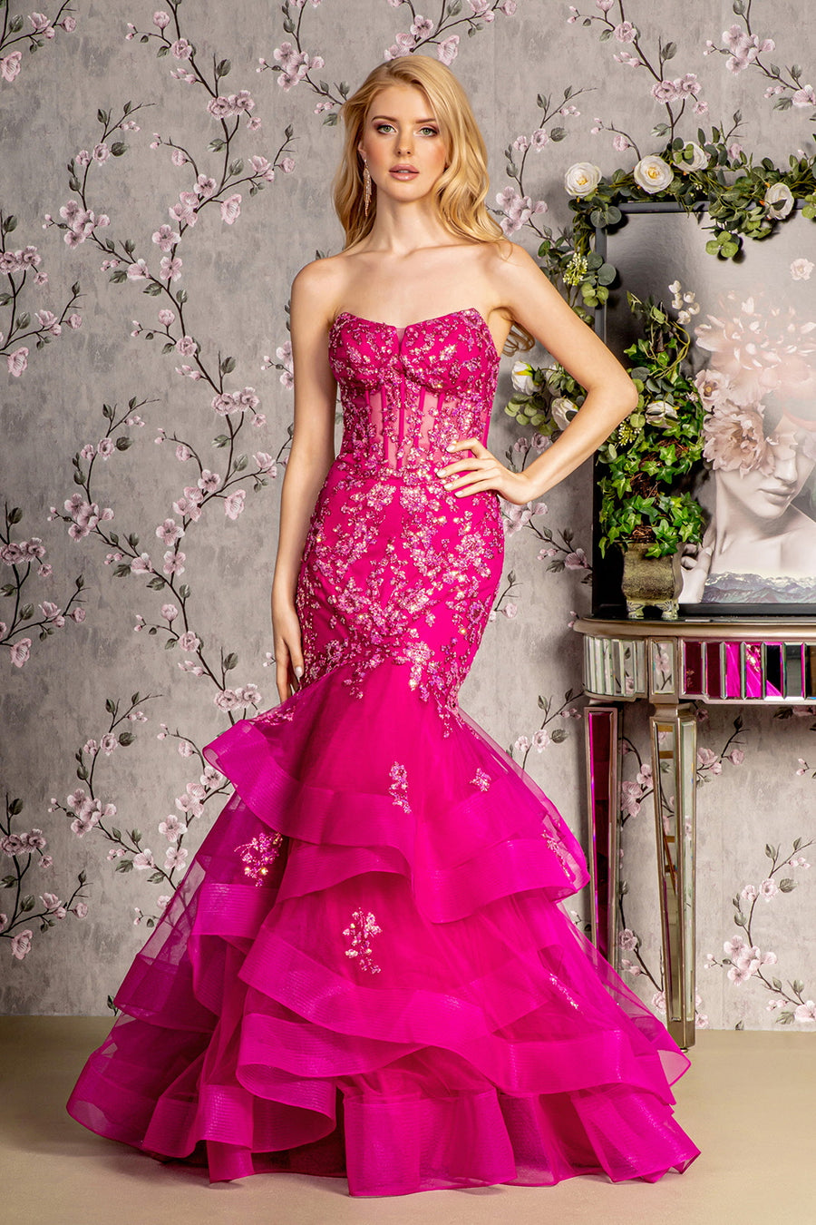 Prom Dresses Sequins Ruffled Skirt Trumpet Long Dress Magenta