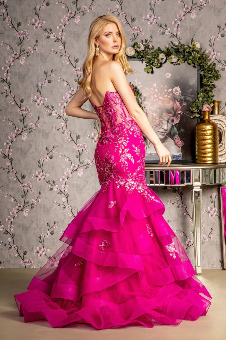 Prom Dresses Sequins Ruffled Skirt Trumpet Long Dress Magenta