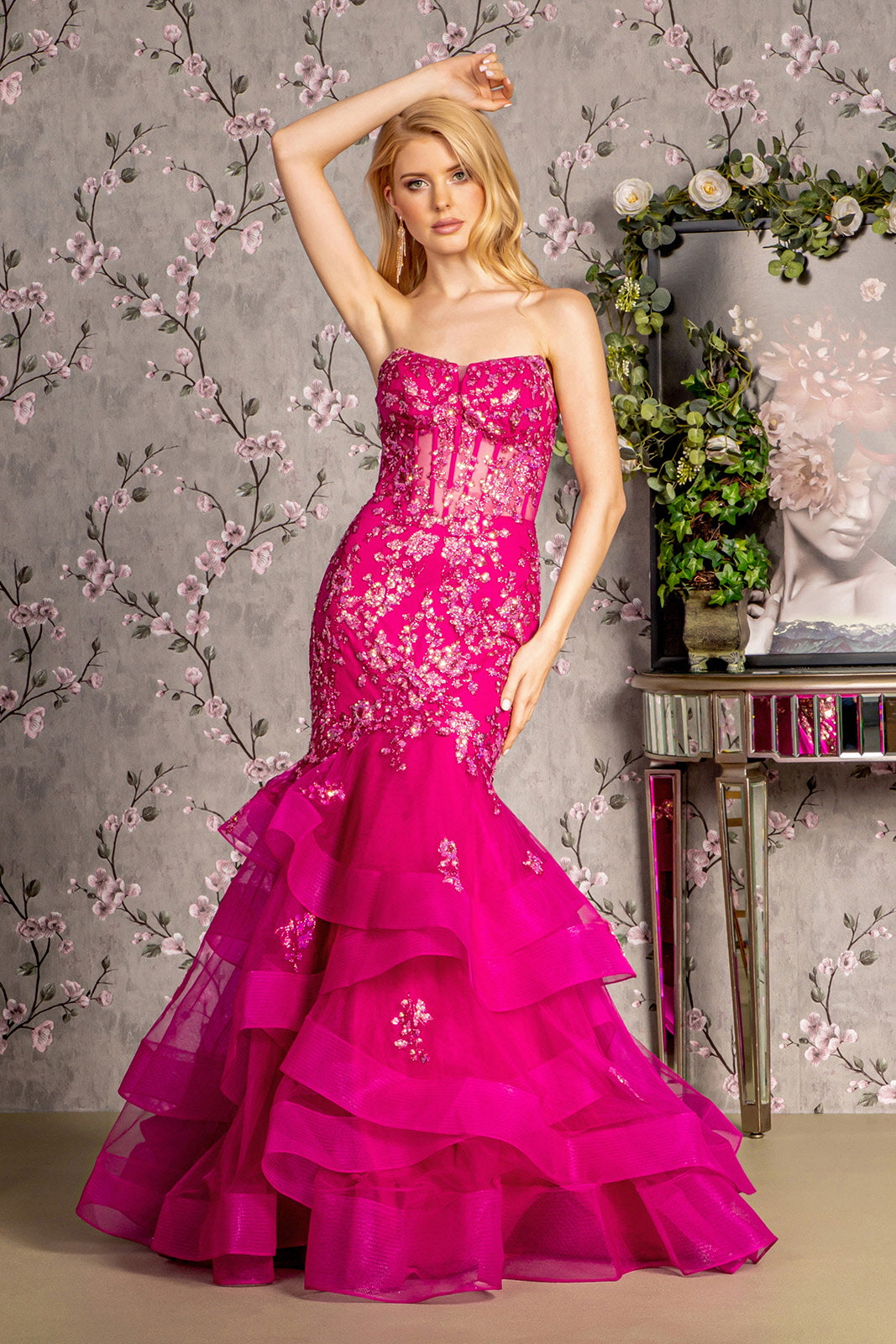 Prom Dresses Sequins Ruffled Skirt Trumpet Long Dress Magenta