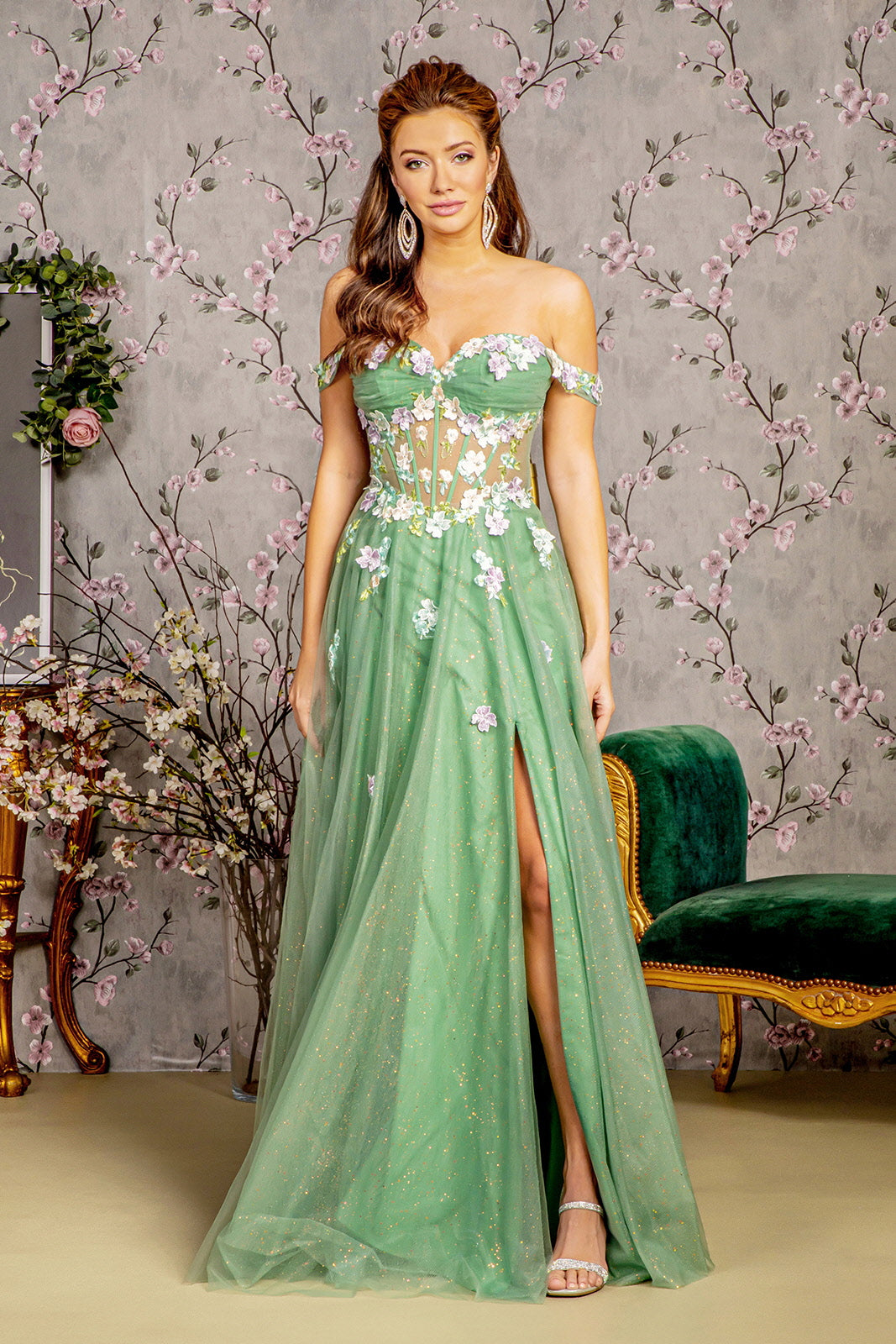 Prom Dresses Glitter Jewel A line Long Prom Dress Sage