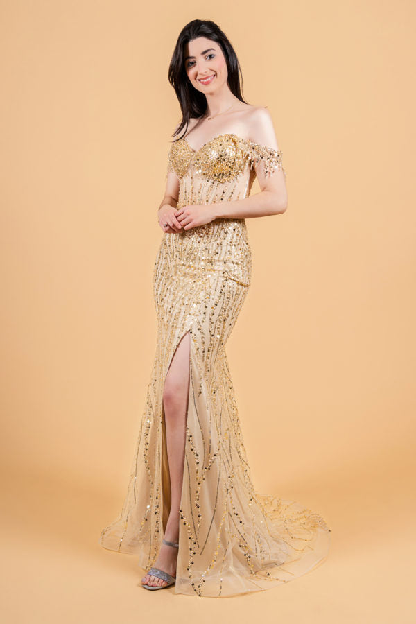 Prom Dresses Long Formal Sequin Fringe Fitted Prom Dress Champagne