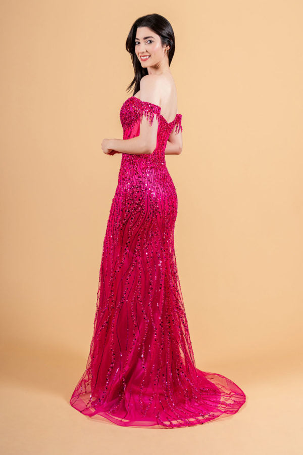 Prom Dresses Long Formal Sequin Fringe Fitted Prom Dress Fuchsia