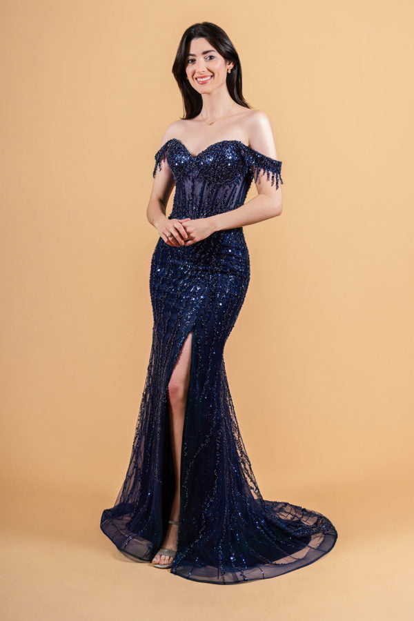 Prom Dresses Long Formal Sequin Fringe Fitted Prom Dress Navy