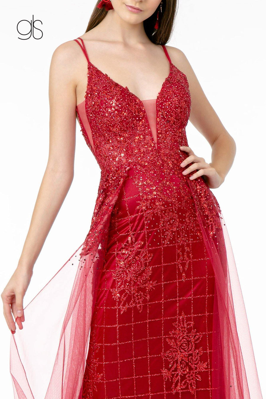 Glitter Mesh Illusion Deep V-Neck Long Prom Dress - The Dress Outlet Elizabeth K