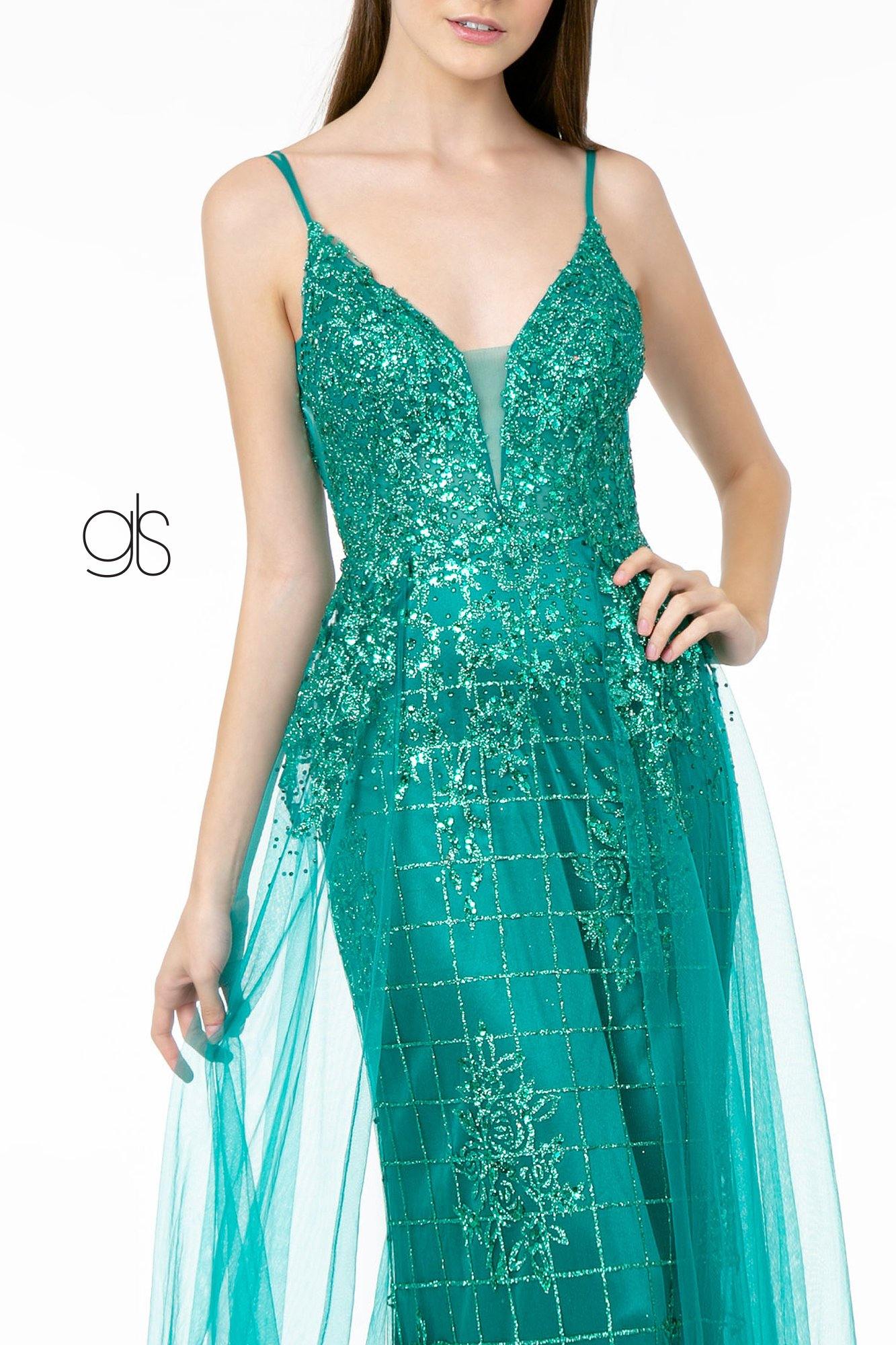 Glitter Mesh Illusion Deep V-Neck Long Prom Dress - The Dress Outlet Elizabeth K