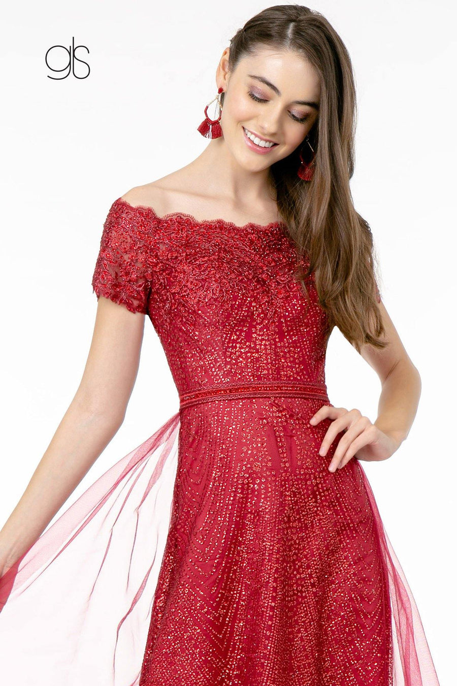 Glitter Print Mesh Long Prom Dress - The Dress Outlet Elizabeth K