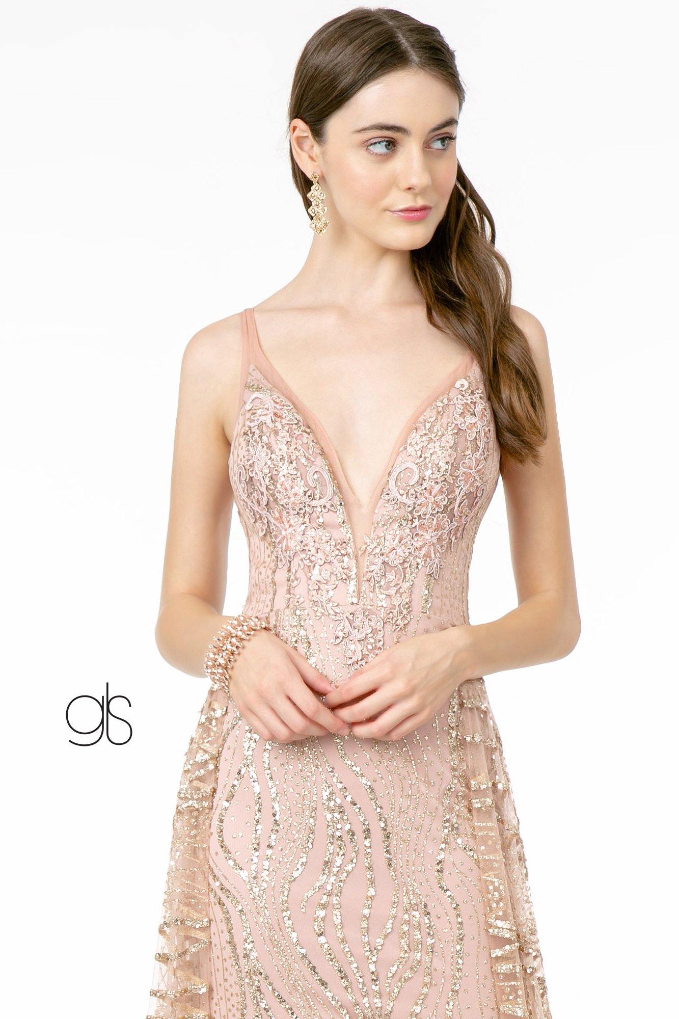 Glitter Sequin Mesh A-Line Prom Dress - The Dress Outlet Elizabeth K