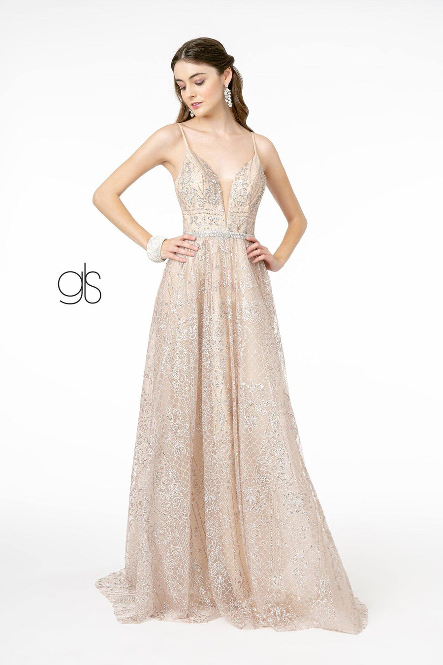 Glittter Mesh Long Prom Dress - The Dress Outlet Elizabeth K