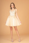 Short Cocktail Glitter Mesh Floral Homecoming Dress - The Dress Outlet Champagne