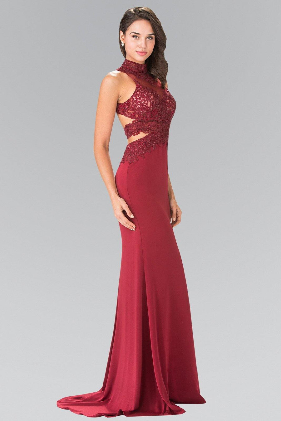 High-Neck Open Back Jersey Long Prom Dress - The Dress Outlet Elizabeth K