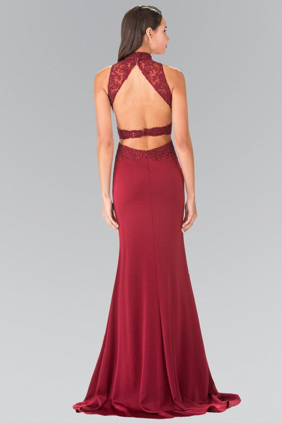 High-Neck Open Back Jersey Long Prom Dress - The Dress Outlet Elizabeth K