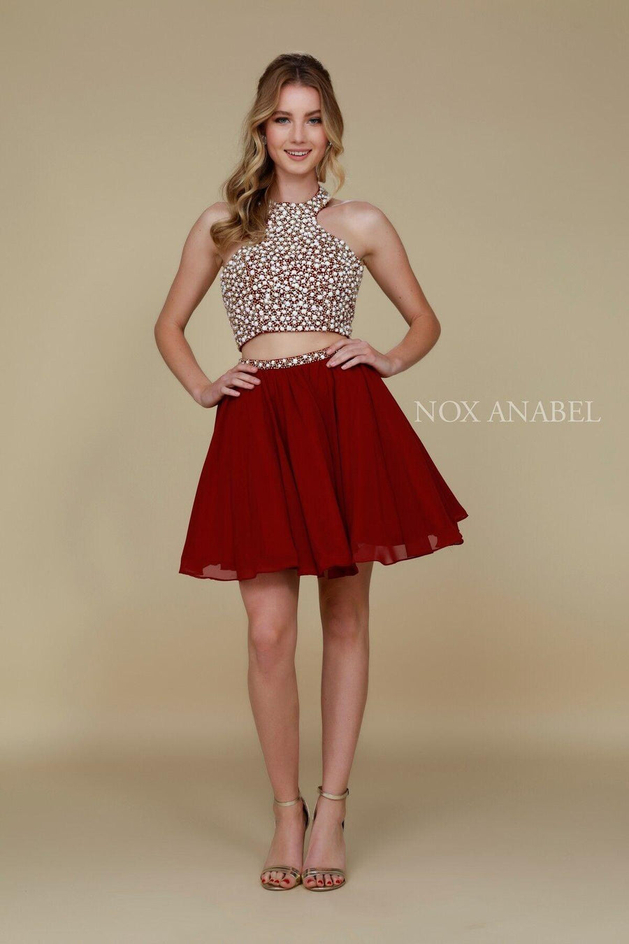 Homecoming Short Two Piece Set Beaded Halter Prom Dress - The Dress Outlet Nox Anabel