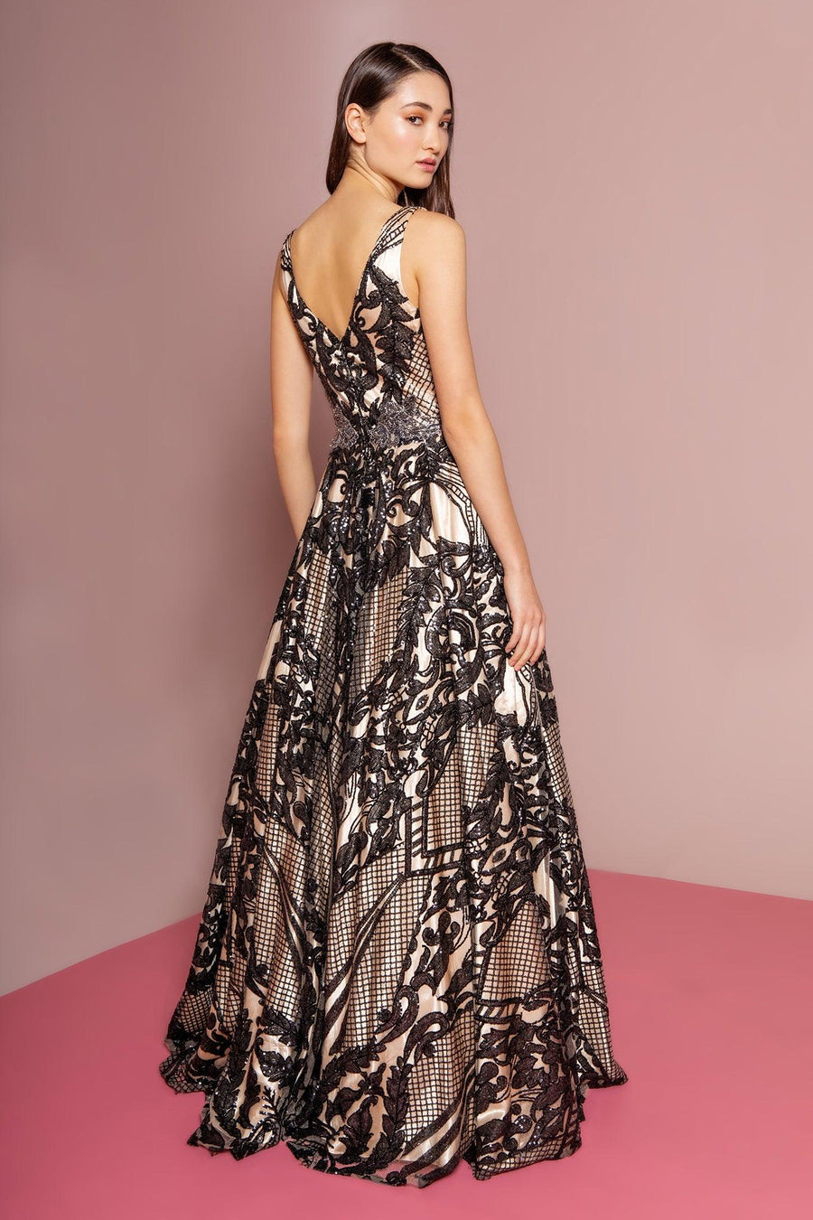 Illusion Gold Formal Long Prom Dress - The Dress Outlet Elizabeth K