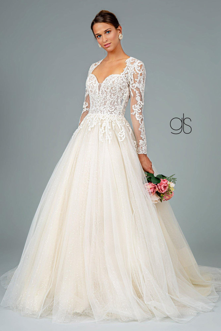 Illusion V-Neck Embroidered Mesh Long Wedding Gown - The Dress Outlet Elizabeth K