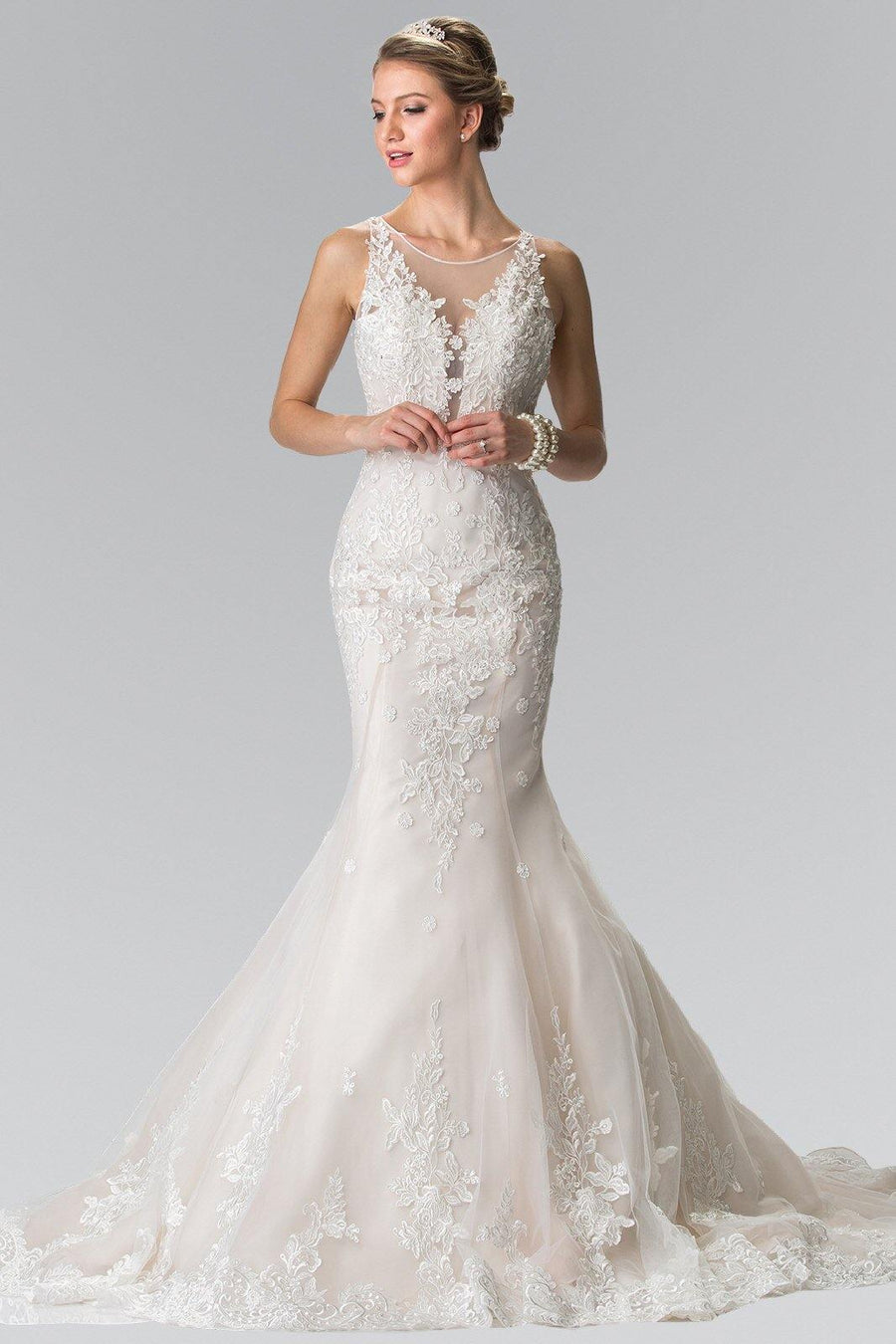 Illusion V-Neck Mermaid Style Lace Long Wedding Dress - The Dress Outlet Elizabeth K