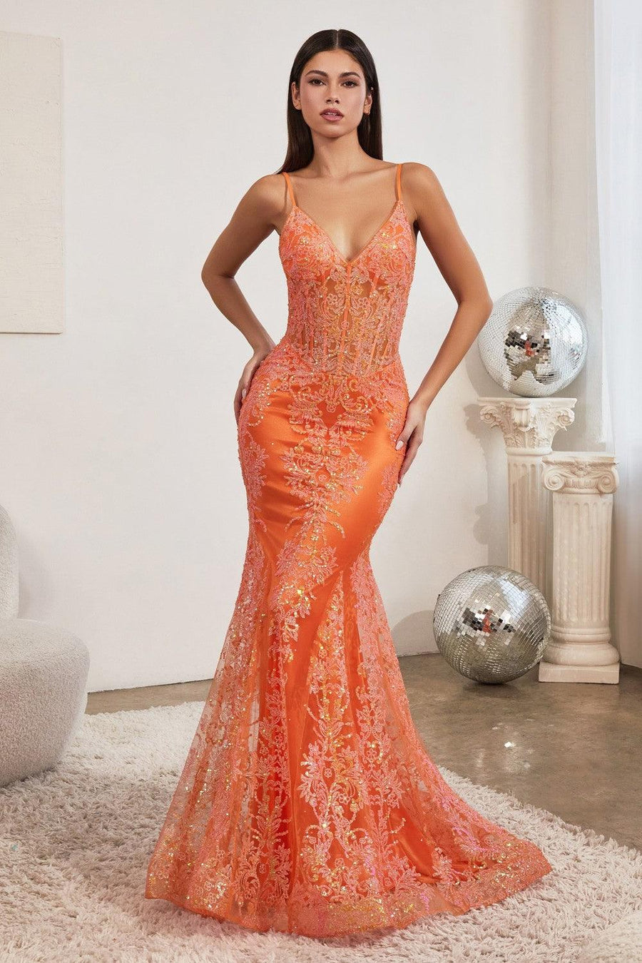 Cinderella Divine J810 Formal Long Corset Prom Dress Neon Orange