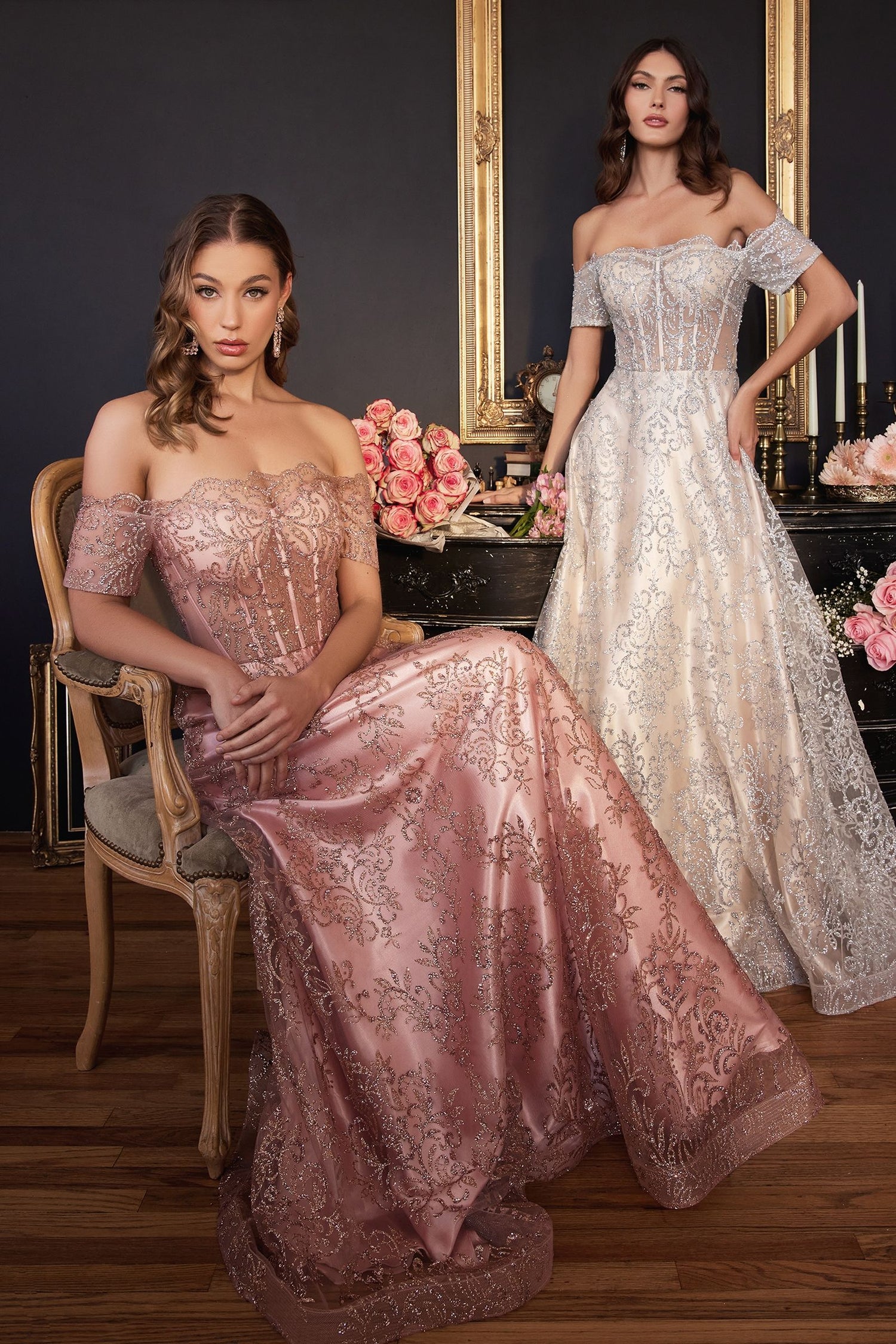 Cinderella Divine J835 Long Off Shoulder Prom Dress Rose Gold _Platinum