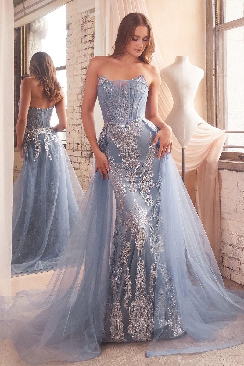 Formal Dresses Long Formal Glitter Overskirt Gown Smoky Blue