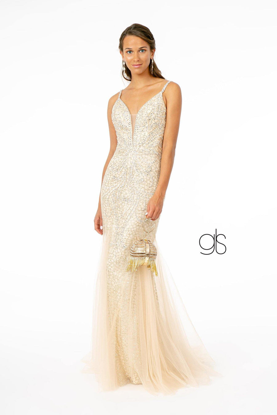 Jewel and Beads Embellished Long Prom Dress - The Dress Outlet Elizabeth K