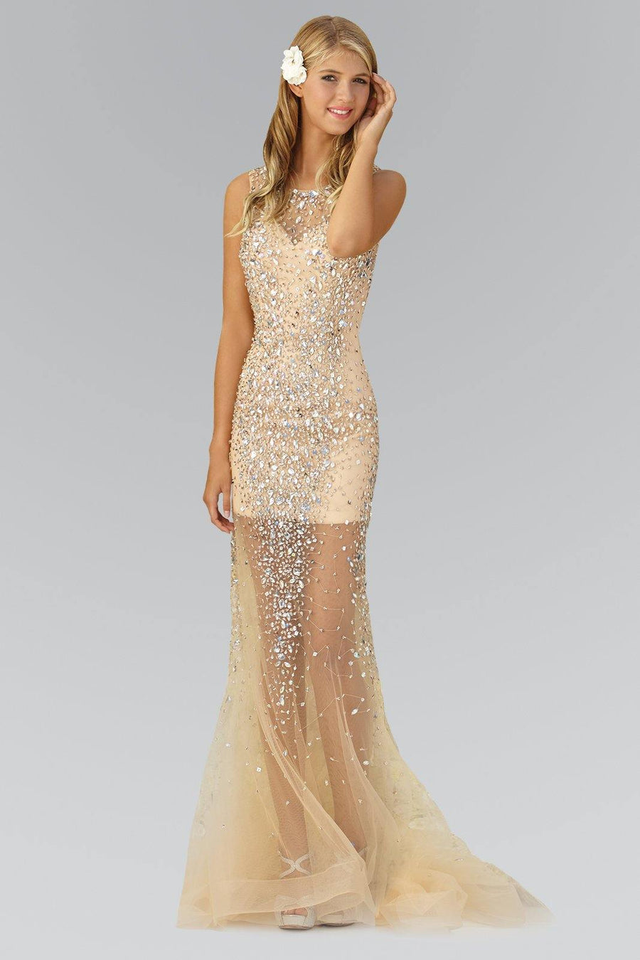 Jewel and Sequin Embellished Long Prom Dress - The Dress Outlet Elizabeth K