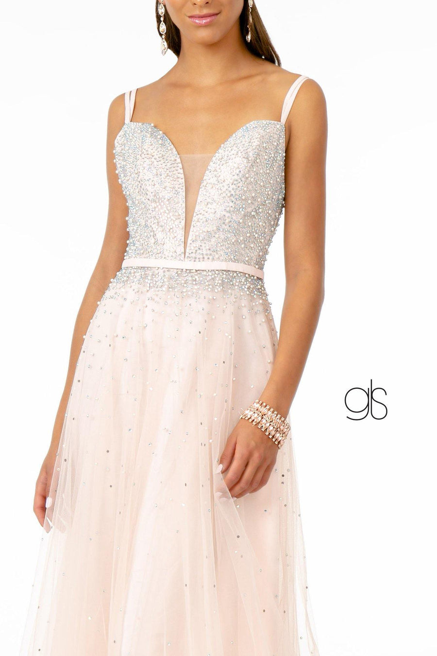 Jewel Embellished Bodice MeshLong Prom Dress - The Dress Outlet Elizabeth K