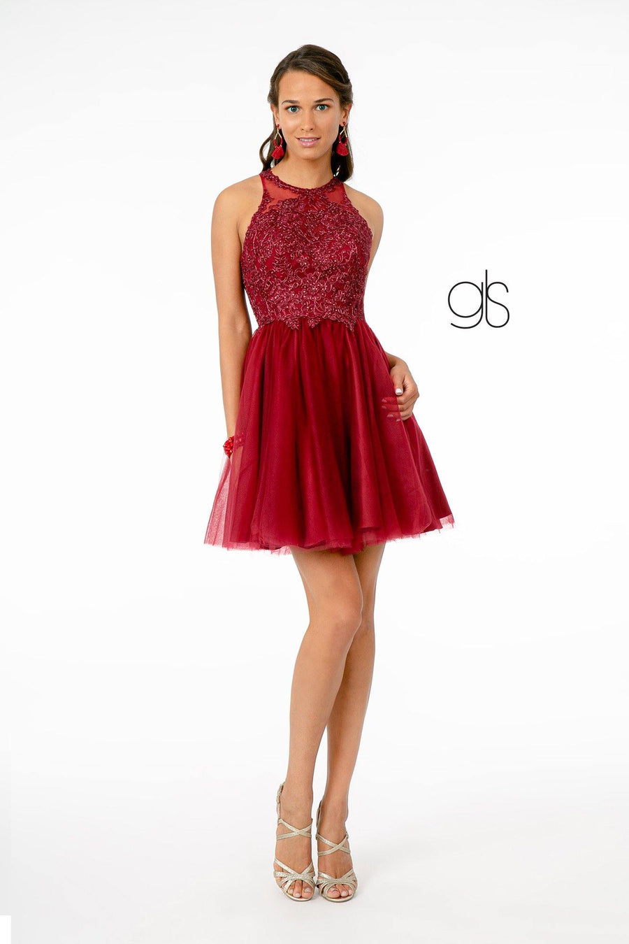 Jewel Embellished Embroidery Tulle Short Dress w/ Strap Back - The Dress Outlet Elizabeth K