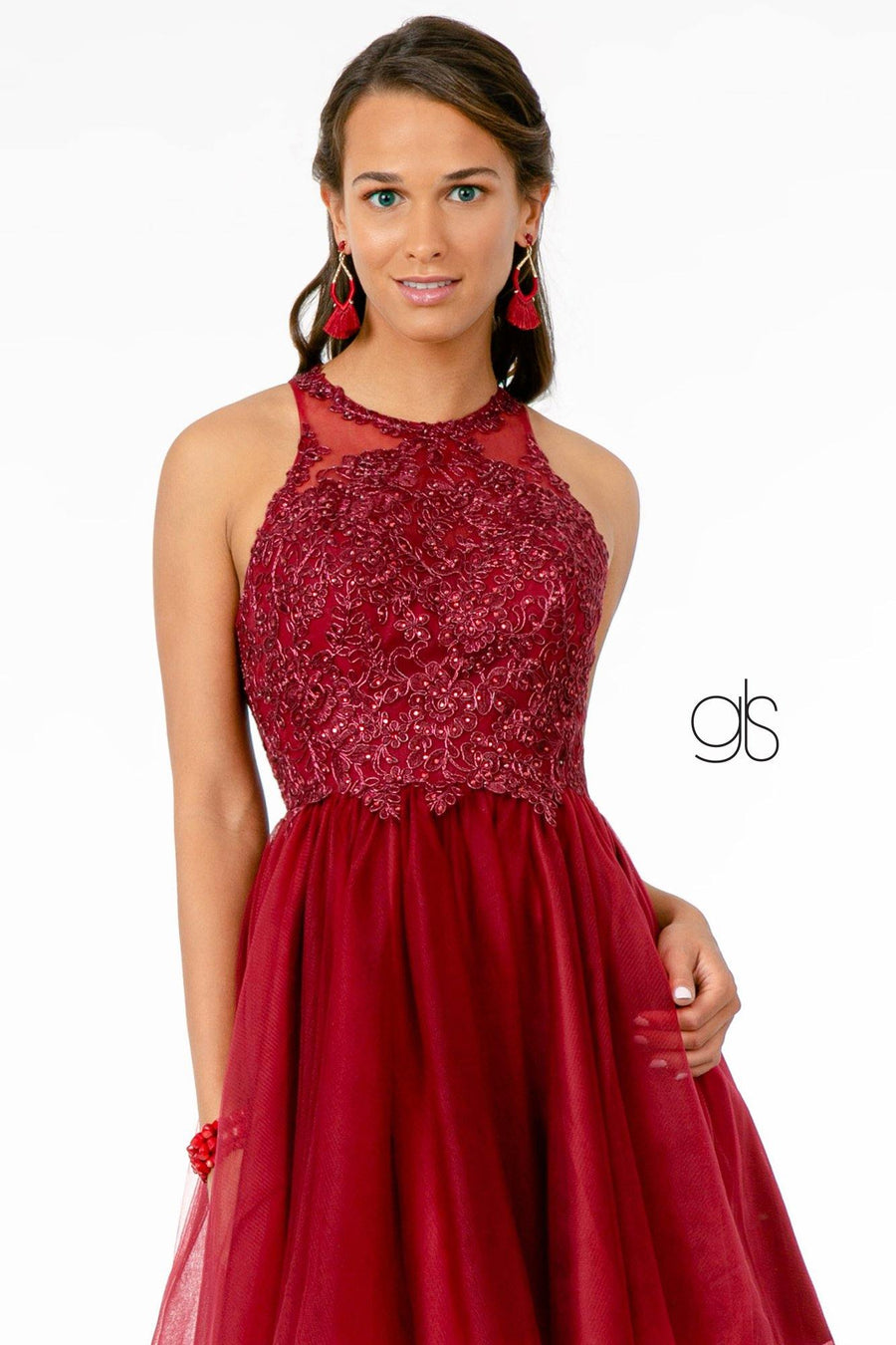 Jewel Embellished Embroidery Tulle Short Dress w/ Strap Back - The Dress Outlet Elizabeth K