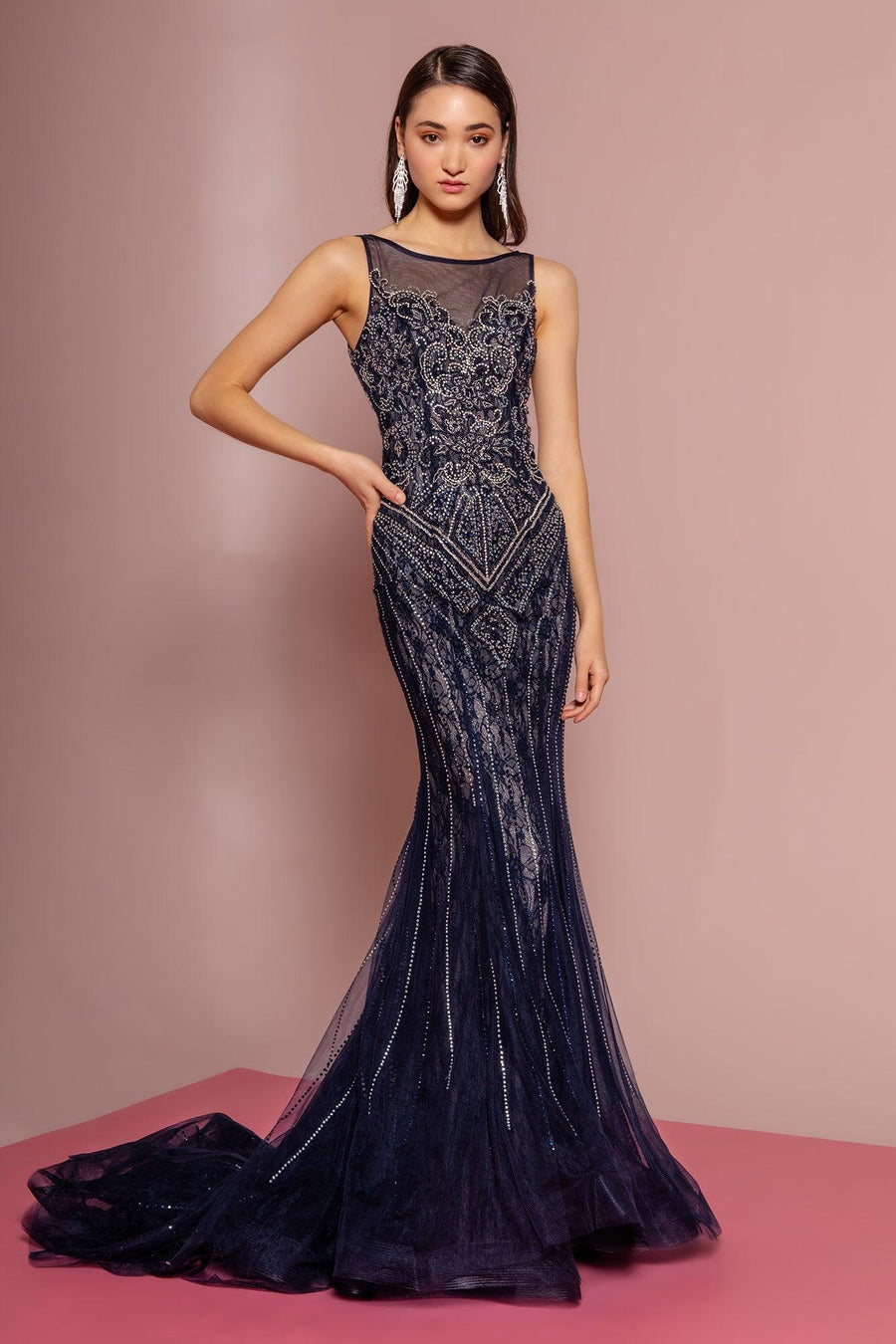 Jewel Embellished Lace Long Prom Dress - The Dress Outlet Elizabeth K