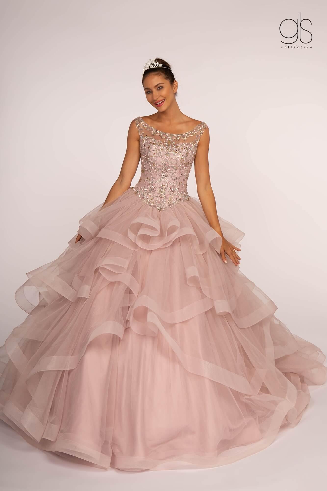 Jewel Embellished Long Multi-Layered Quinceanera Dress - The Dress Outlet Elizabeth K