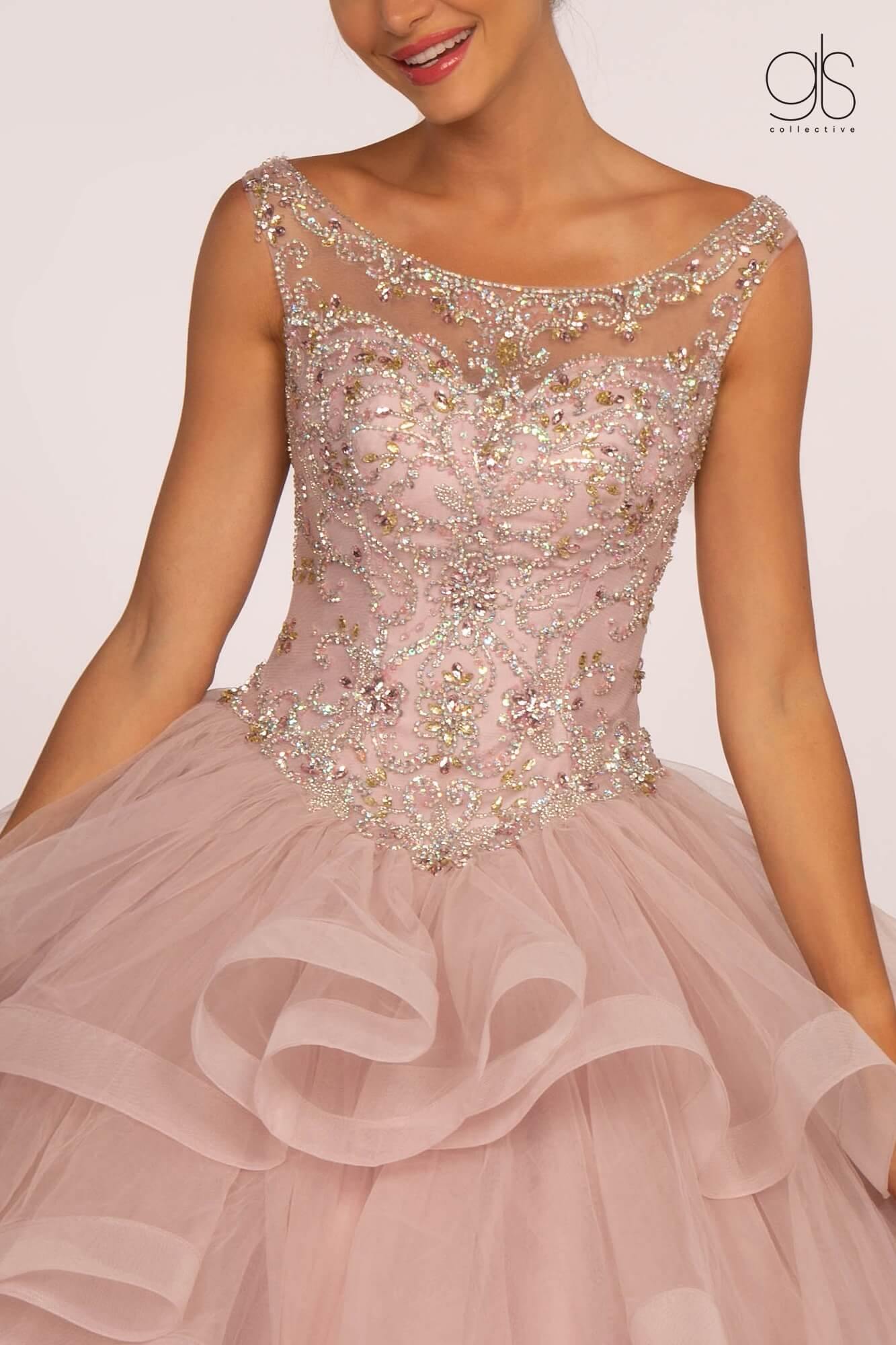 Jewel Embellished Long Multi-Layered Quinceanera Dress - The Dress Outlet Elizabeth K