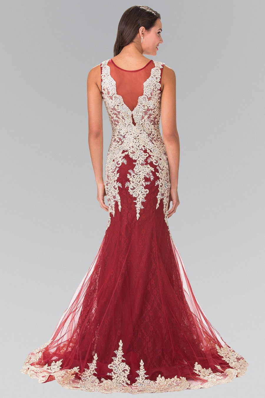 Jewels Embellished Lace Illusion Long Prom Dress - The Dress Outlet Elizabeth K